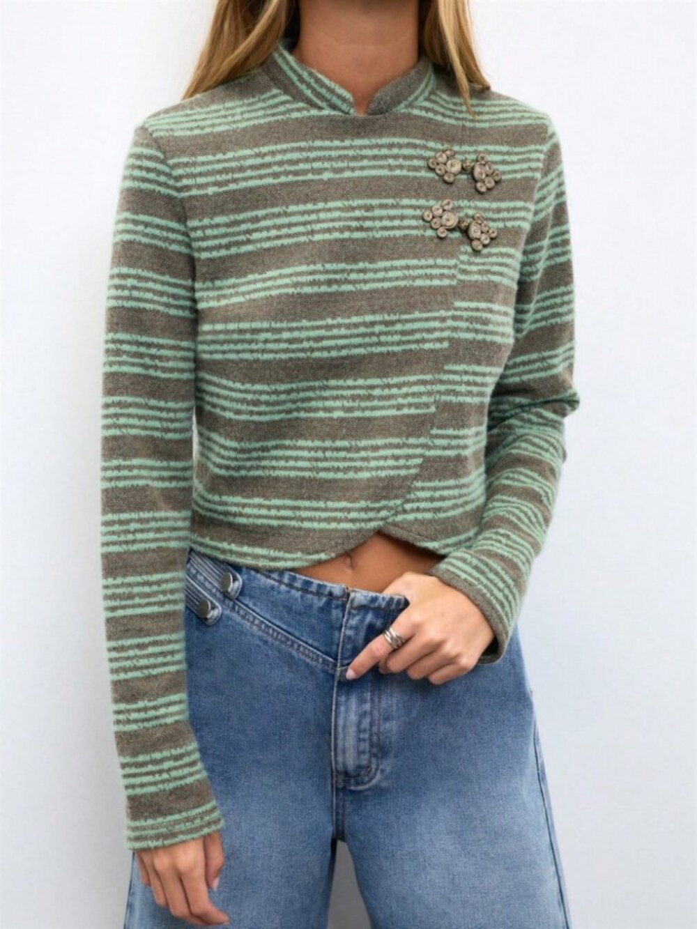 Tan Striped Frog Button Stand Collar Cropped Knit Blouse Top